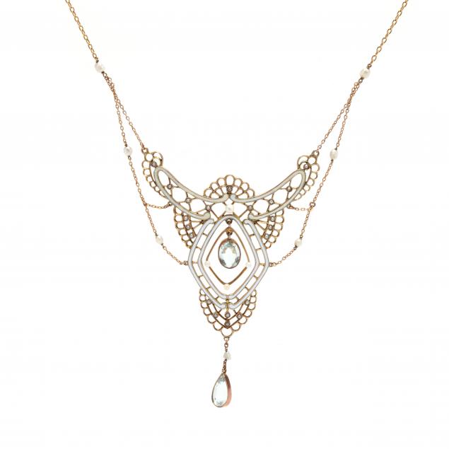 art-nouveau-aquamarine-pearl-and-white-enamel-festoon-necklace