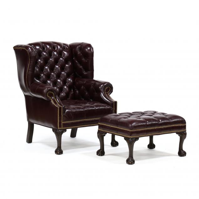 chippendale-style-leather-upholstered-easy-chair-and-ottoman