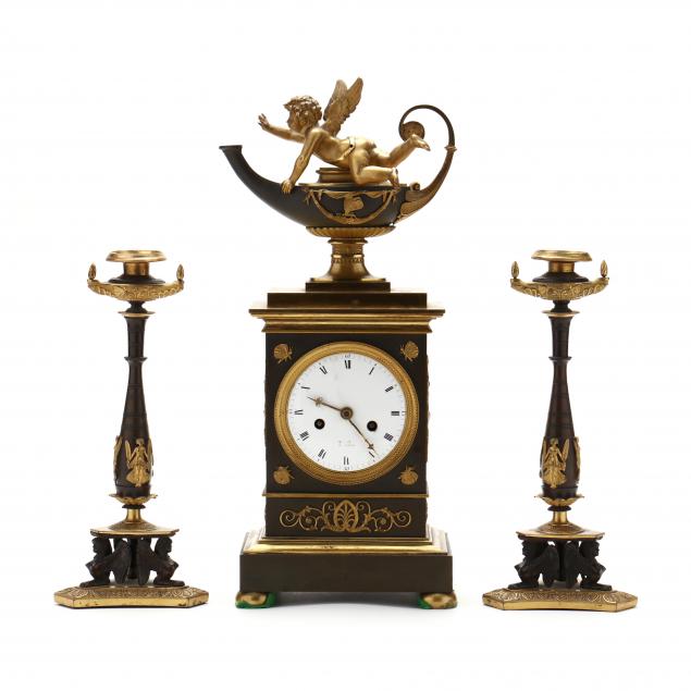 french-bronze-mantel-clock-and-candlestick-garniture