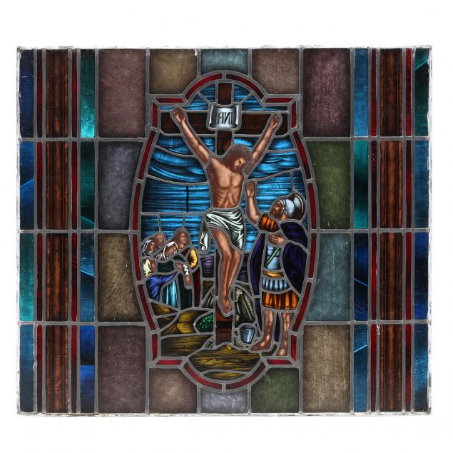 architecturally-salvaged-stained-glass-window-depicting-the-crucifixion-of-jesus-christ