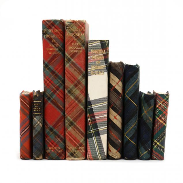 group-of-nine-antique-books-bound-in-tartan