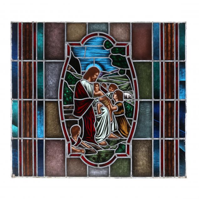 architecturally-salvaged-stained-glass-window-of-jesus-teaching-children