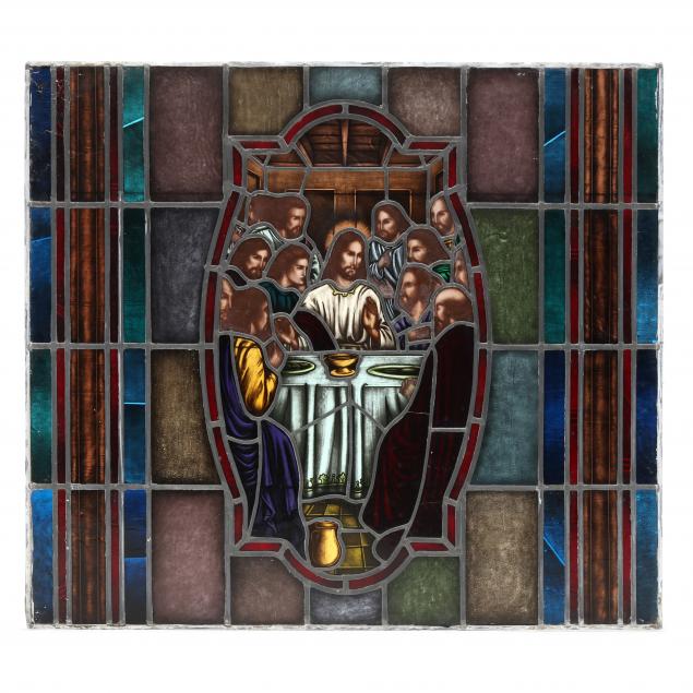 architecturally-salvaged-stained-glass-window-depicting-the-last-supper