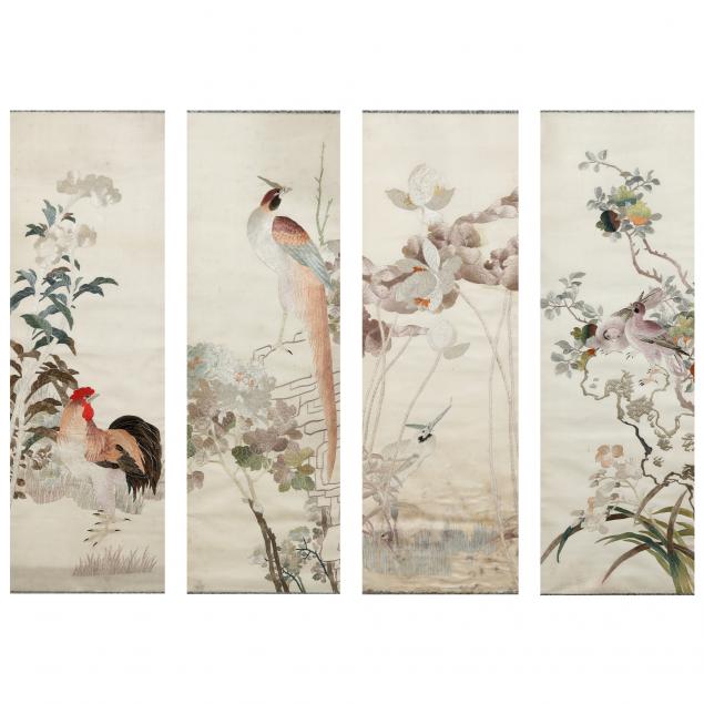 a-set-of-four-chinese-silk-embroidered-panels-of-birds-and-flowers