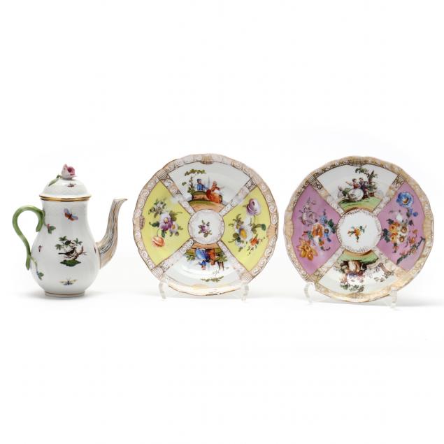 herend-individual-coffee-pot-and-a-pair-of-meissen-cabinet-dishes