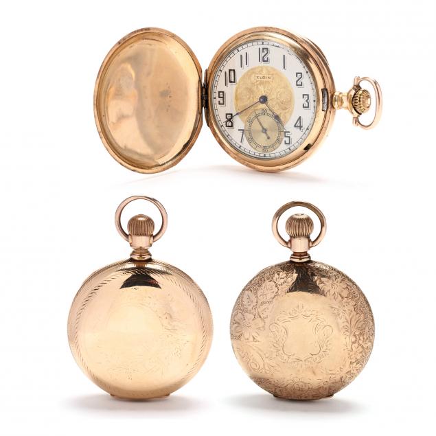 three-antique-gold-filled-hunter-case-pocket-watches-elgin-national-watch-co