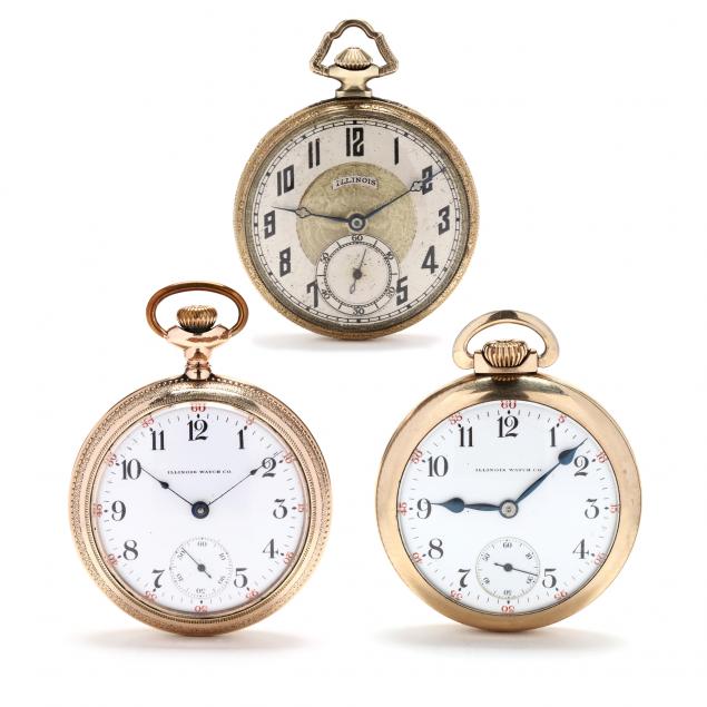 three-vintage-open-face-gold-filled-pocket-watches-illinois