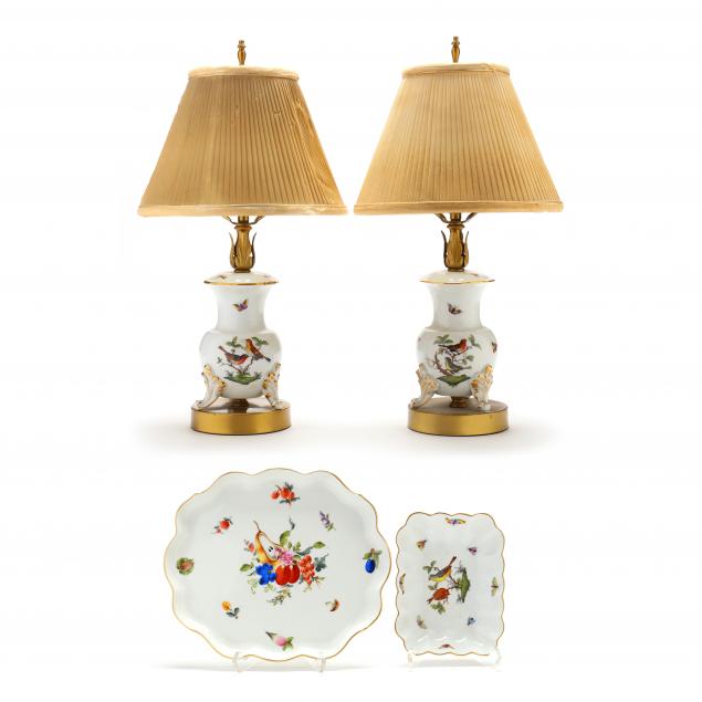 herend-pair-of-i-rothschild-bird-i-porcelain-table-lamps-and-two-trays