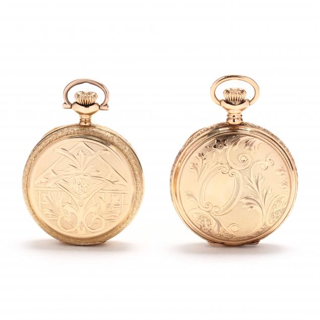 two-lady-s-antique-gold-hunter-case-pocket-watches-waltham