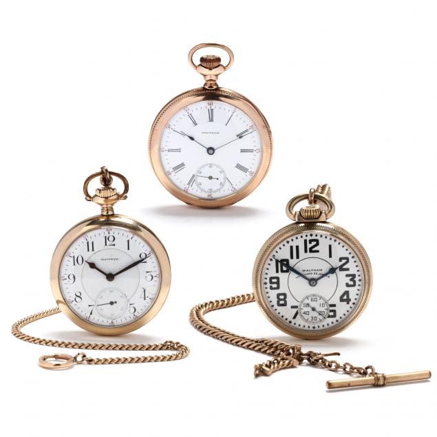 three-vintage-open-face-pocket-watches-waltham