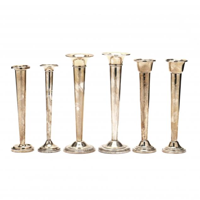 a-grouping-of-six-sterling-silver-bud-vases