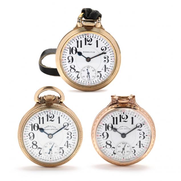 three-vintage-gold-filled-open-face-pocket-watches-hamilton