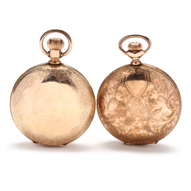 two-antique-gold-filled-hunter-case-pocket-watches