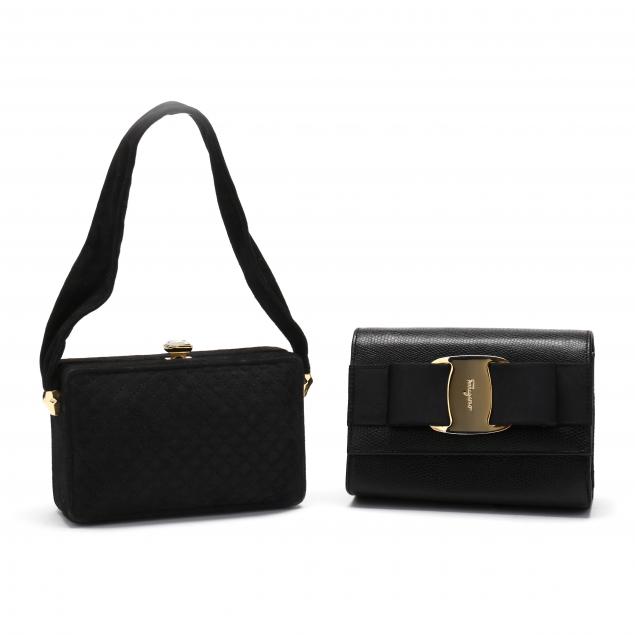 two-evening-bags-a-black-suede-bottega-veneta-and-a-ferragamo