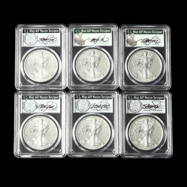 six-6-graded-1-silver-american-eagles-signed-by-thomas-s-cleveland