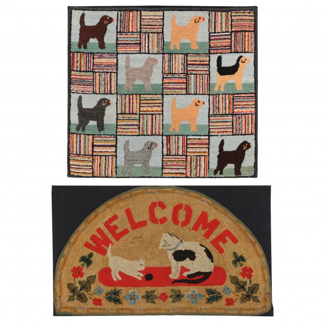 two-vintage-cat-and-dog-themed-stretched-hooked-rugs