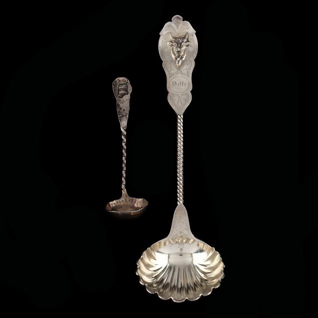 two-american-coin-silver-and-sterling-silver-ladles-with-bull-motif