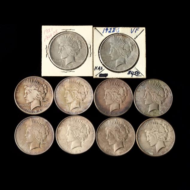 nine-9-peace-silver-dollars-including-two-1921-coins