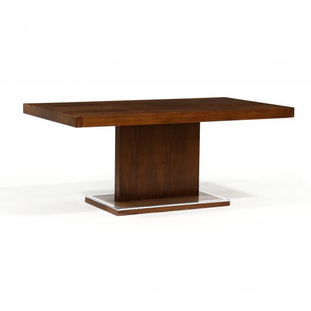 milo-baughman-american-1923-2003-walnut-and-chrome-pedestal-dining-table-and-two-leaves