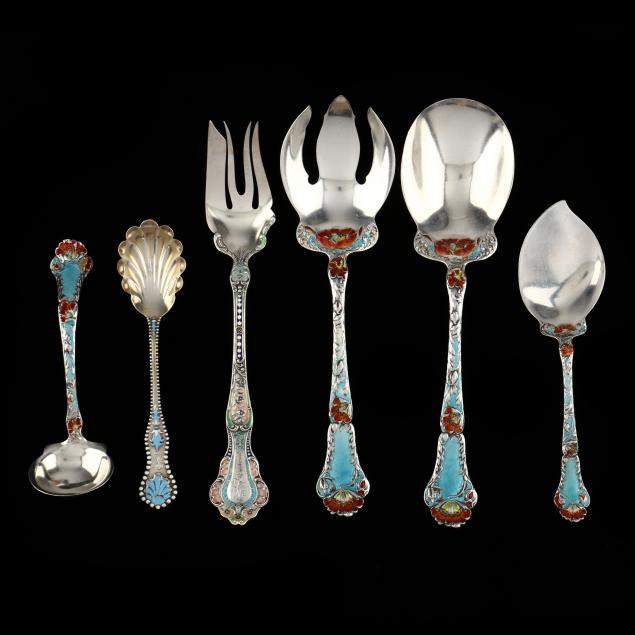 six-antique-sterling-silver-and-enameled-servers