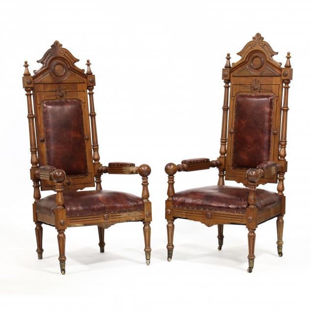 pair-of-antique-walnut-and-leather-high-back-armchairs
