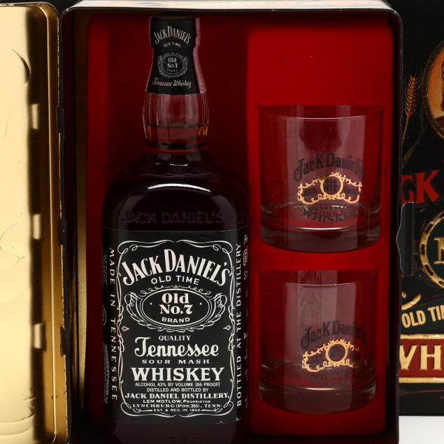 Jack Daniels Whiskey, Glasses & Flask Gift Sets in Tin (Lot 5297 - Rare ...