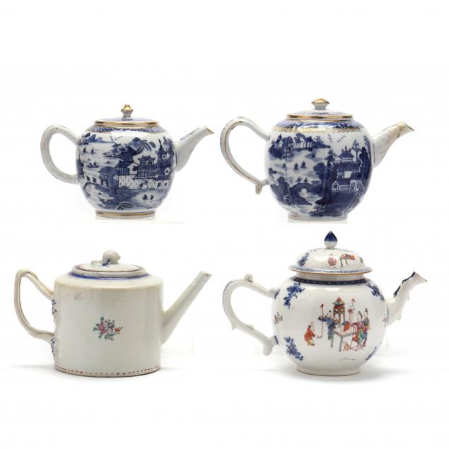 a-collection-of-four-chinese-export-porcelain-blue-and-white-teapots