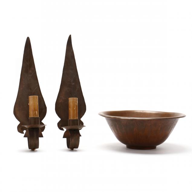 roycroft-copper-bowl-and-pair-of-copper-leaf-form-sconces
