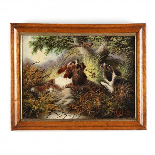 edwin-armfield-british-19th-century-spaniels-chasing-pheasant-in-a-wood