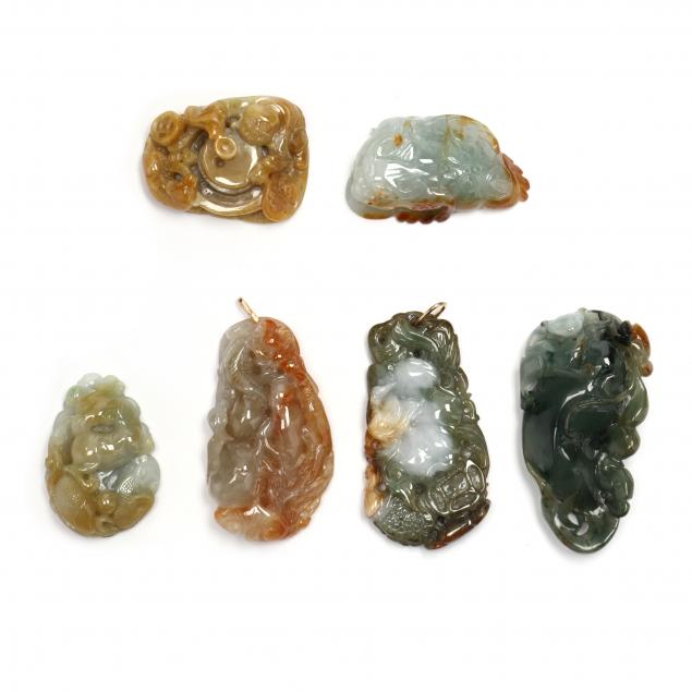 six-chinese-green-and-brown-jade-carvings