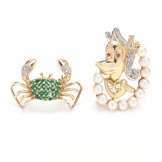 two-whimsical-gold-and-gem-set-brooches-pendants