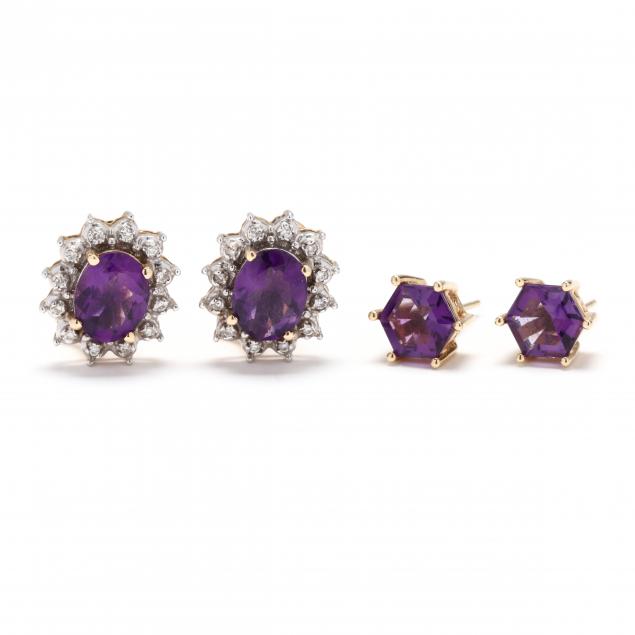 two-pairs-of-gold-and-amethyst-earrings