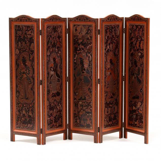 a-burmese-red-lacquered-five-panel-folding-screen