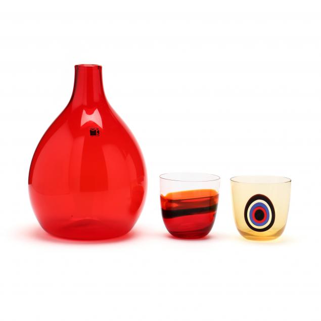 carlo-moretti-italian-b-1934-art-glass-bottle-vase-and-two-glasses