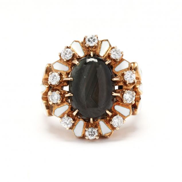 gold-black-star-sapphire-diamond-and-enamel-ring