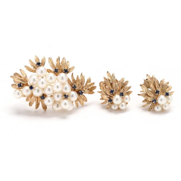 gold-pearl-and-sapphire-brooch-and-earrings