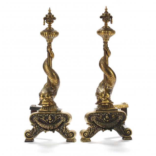 pair-of-finely-cast-brass-dolphin-andirons