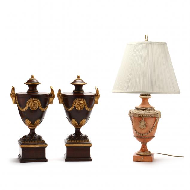 decorative-table-lamp-and-a-matching-pair-of-wooden-urns