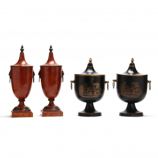two-pair-of-decorative-lidded-tole-urns