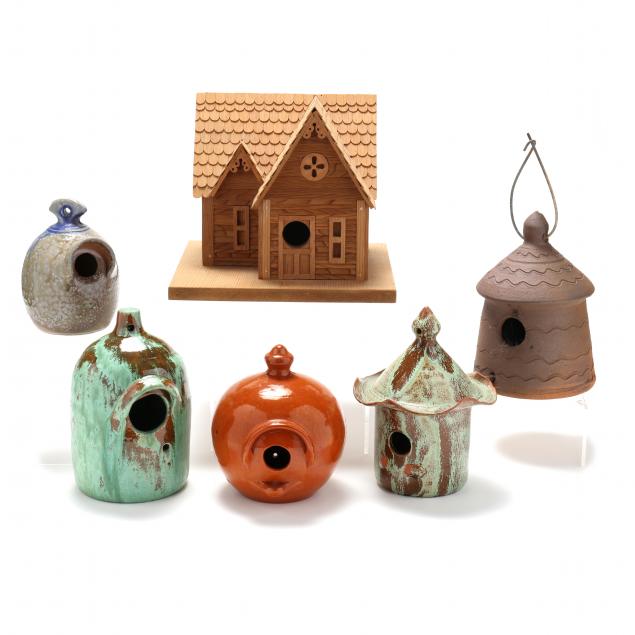 collection-of-six-nc-pottery-bird-houses