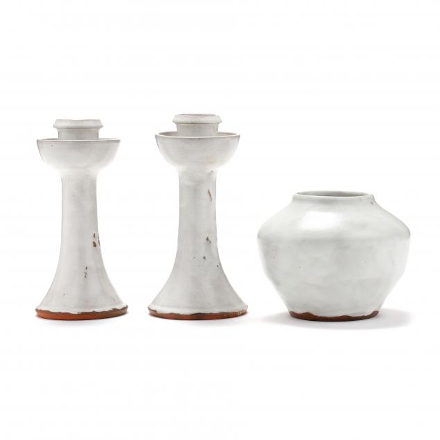 pair-low-candlesticks-and-shoulder-vase-ben-owen-master-potter-1959-1972-seagrove-nc