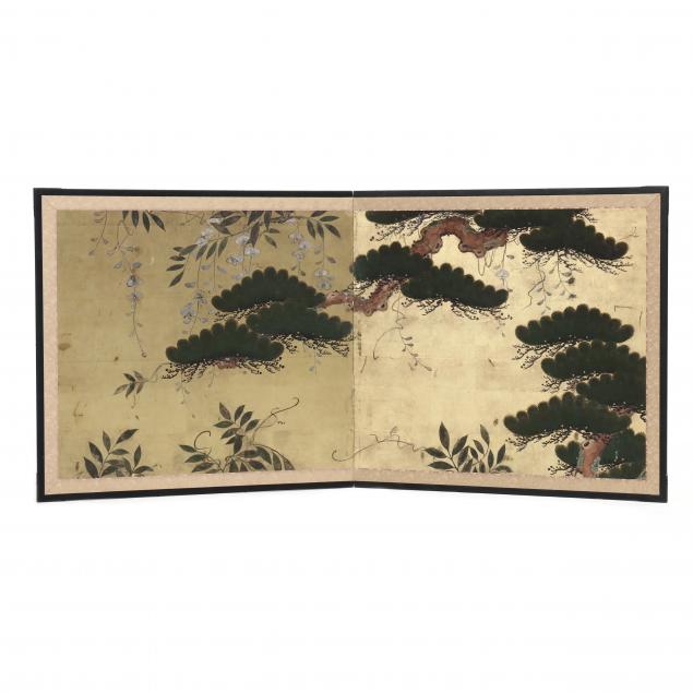 a-japanese-two-panel-screen-of-pine-trees-and-wisteria