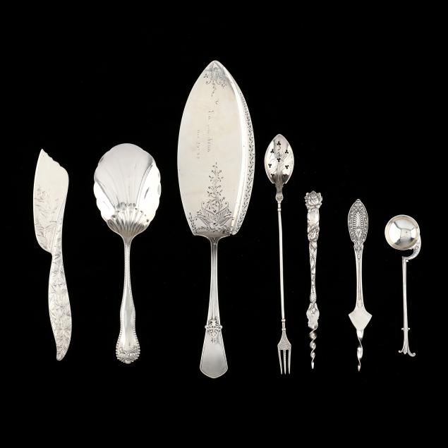 a-grouping-of-seven-american-sterling-silver-servers