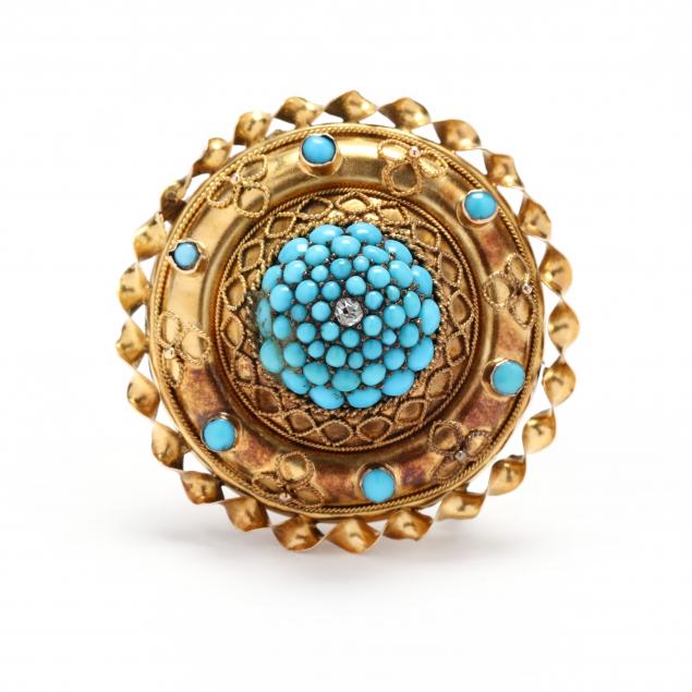 etruscan-revival-gold-turquoise-and-diamond-brooch