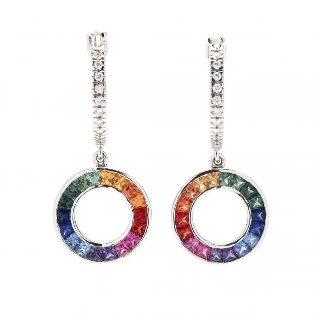 white-gold-diamond-and-multi-color-sapphire-dangle-hoop-earrings
