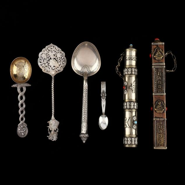 a-grouping-of-southeast-asian-scroll-cases-and-silver-servers