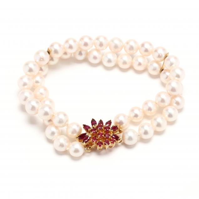 Double Strand Pearl Bracelet with Ruby-Set Clasp (Lot 1126 - Estate ...