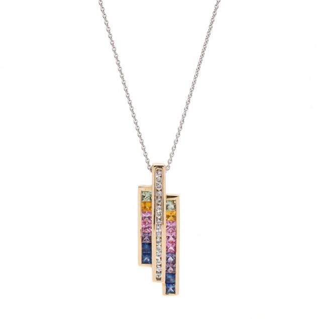 gold-multi-color-sapphire-and-diamond-pendant-necklace