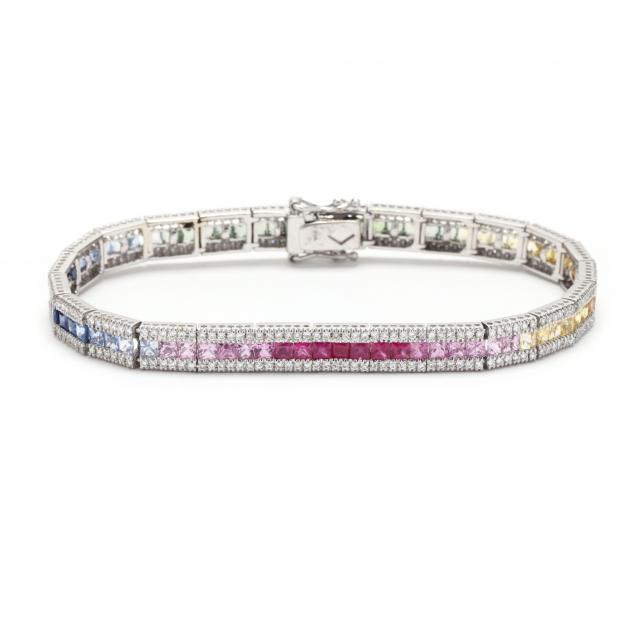 white-gold-multi-color-sapphire-and-diamond-line-bracelet