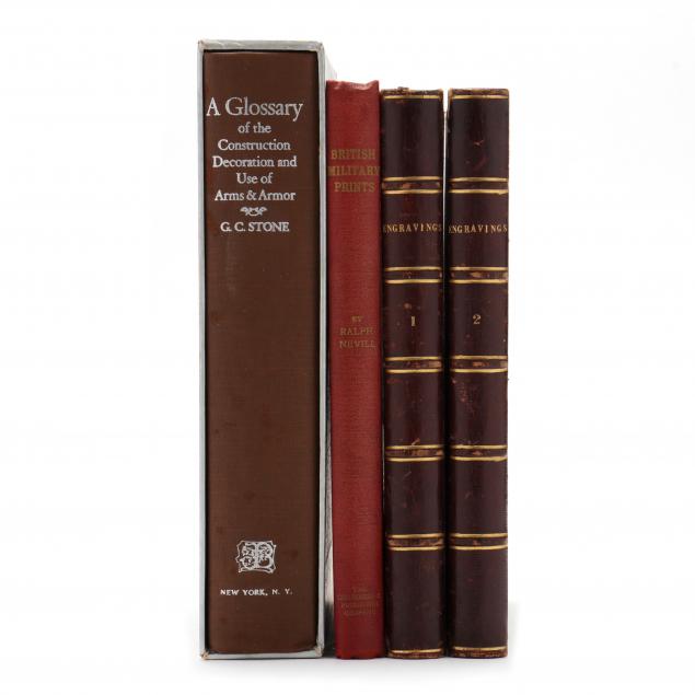 two-books-with-military-themes-and-two-matched-antique-volumes-of-engravings